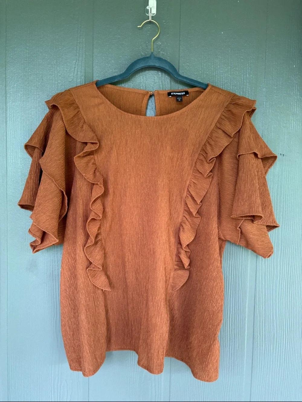 Express Rust Ruffle Short Sleeve Blouse - Picture 2 of 5